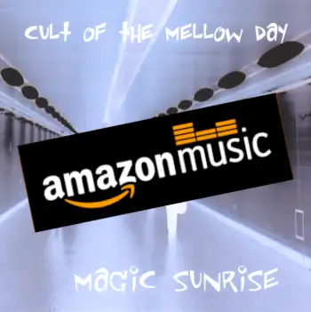 Album cover of people walking down an underground corridor, colours inverted, Amazon Music logo overlain