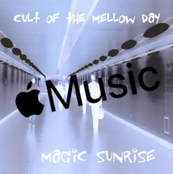 Album cover of people walking down an underground corridor, colours inverted, Apple Music logo overlain