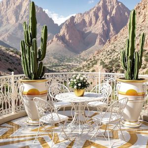 A round balcony in white colouring, overlooking an hilly, Arizona desert scene