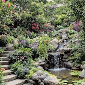 An urban garden on a heavy incline, stone steps, thick tropical foliage, a small waterfall feature, and hibiscus flowers
