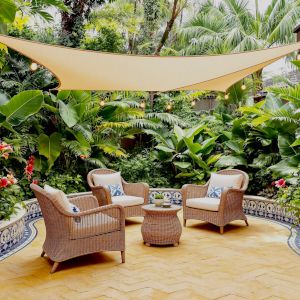 A garden patio in yellow stone surrounded by a low curved wall, tiled with blue and white ceramic, planting beds beyond filled with big foliage plants like fern and banana