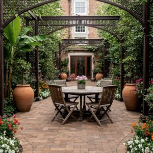 An urban garden, lined with curved beds planted with marigolds and rhododendron, and large carved trellis arches
