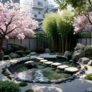 A square urban garden, laid with white gravel, large round shallow pond with stepping stones, sparsely planted with cherry trees, bamboo, acer, and pine.