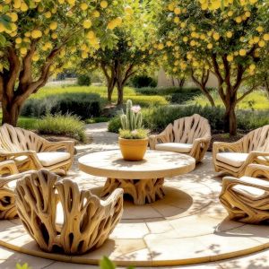 A sunny stone circular patio in a small park with short and long grasses, planted with mature, fruiting lemon trees.