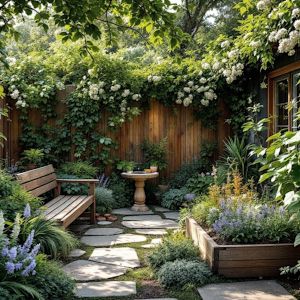 A small garden with random stone flags, tall timber fence, and wooden bench. There is a raised bed planted with alpine plants, including alpine sage. Lupine in the foreground, and climbing hydrangea draped over the fence to the rear.