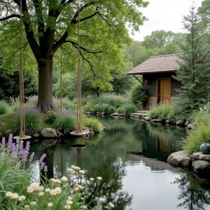 A wild-looing garden with mini lake, small island with an ash tree, and hardy perennial flowering plants