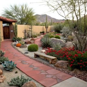 A north Mexico desert garden with terracotta path, agave, saguaro cactus, and desert rose.