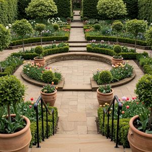 A large sunken garden with stone flags and a large central circular stone patio. Topiaried bay bushes, box hedging, tulips, armeria.