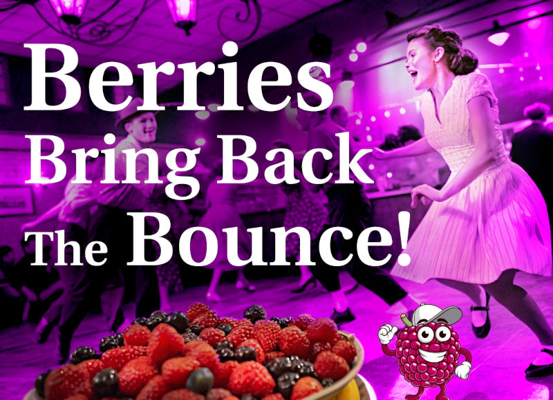 A smiling berry pointing to a woman dancing joyfully in a busy 1950s dance hall, a plate of berries in the foreground