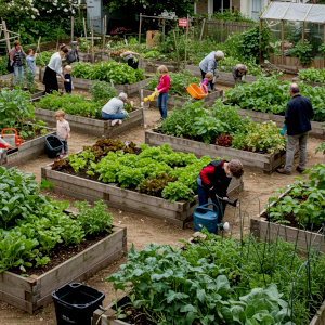 A group working on a community garden of raised beds in an urban setting