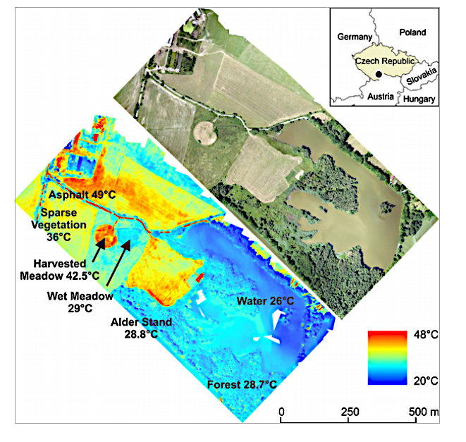 An overheard photograph and heat map of the different temperatures measured for different types of ground cover