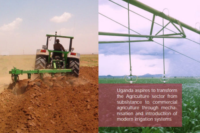 Two side-by-side images of modern farming, one with a tractor on a huge field with bare soil, the other shows a sprinkler system over a monocrop.