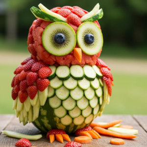 An owl sculpted out of various pieces of fresh fruit and veg