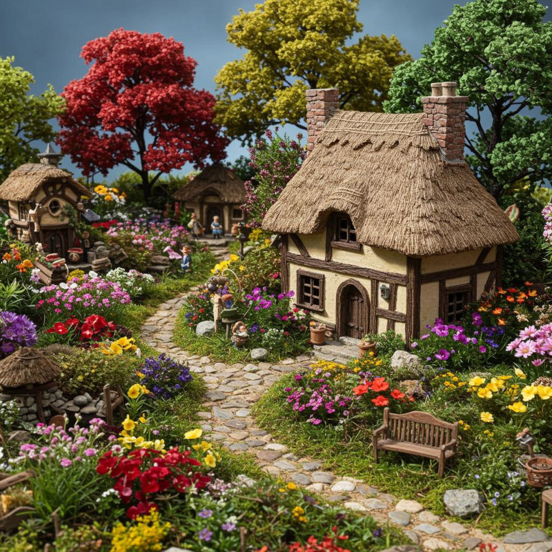 A miniature garden with a model thatched house and stone pathway, some bonsai, and small grasses. Flowers such as violets are in bloom.