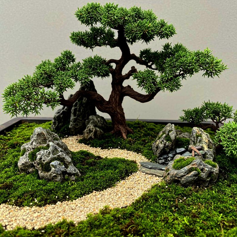 A small, tabletop garden with a bonsai tree, carefully placed volcanic stones, a small gravel path, and some small-leaved ground cover.
