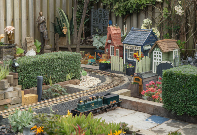 A model railway feature running through a domestic garden