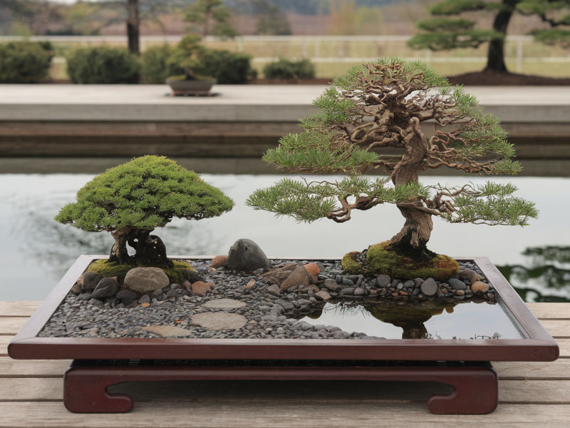 A shuihan penjing tray garden with two bonsai, a small, still water feature, and some stones, and gravel.