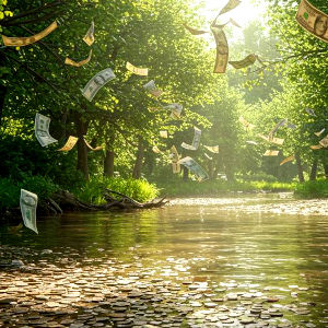 A forest and river polluted with money