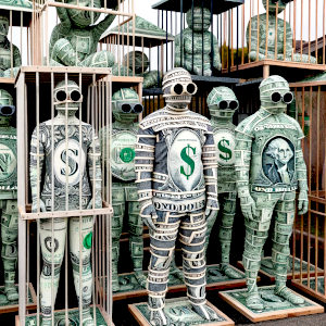 People in cages wrapped in dollar bills and stacked like a pallets.