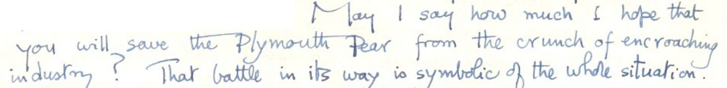 A scan of a letter sent by Lady Sayer about the Plymouth Pear tree