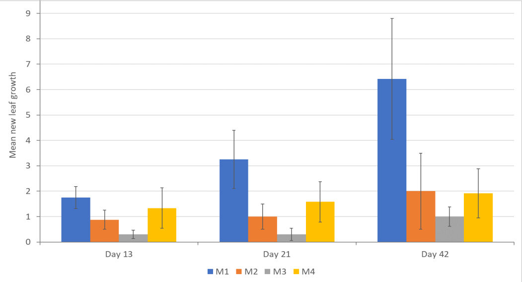 A bar chart showing mean new leaf growth on Pyrus cordata explants