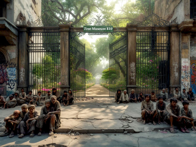 Groups of impoverished people, huddled in a derelict street outside a lush, private, gated garden with large trees and a sign requesting $10 to enter