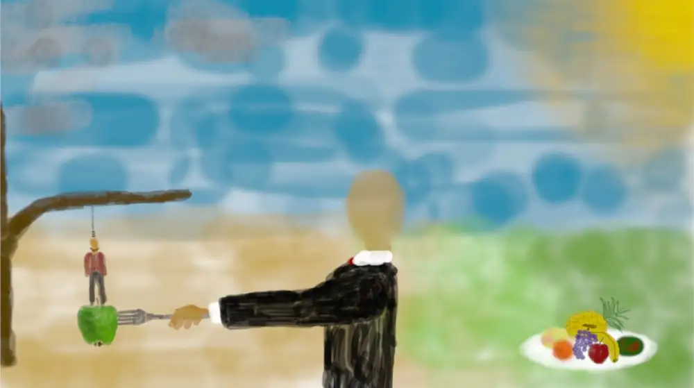 A watercolour-style painting of a man in a black suit with a large plate of fruit, reaching out with a fork to take an apple that a man is standing on with a noose around his neck tied to a tree