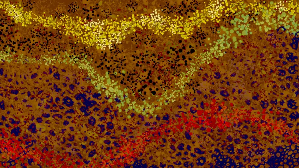 An abstract painting of brown and dark blobs with two wavy lines of small blobs in yellow and mustard green, and a further below in red