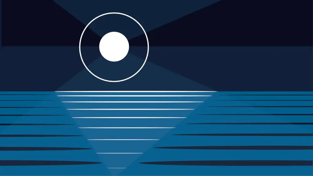 A minimalist geometric composition with a white circle representing the moon hovering over a blue ocean