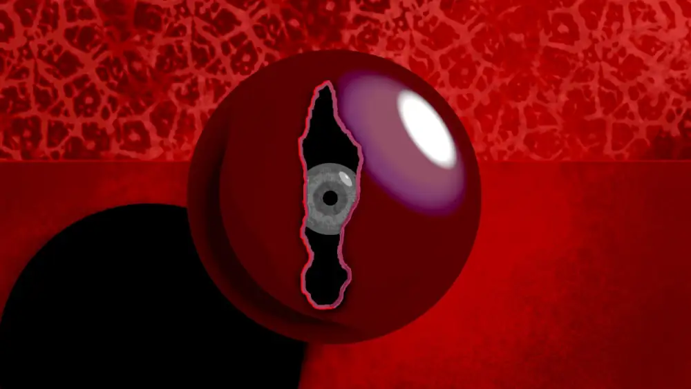 an eye ball peaking out of a broken gap in a large burgundy sphere, red background