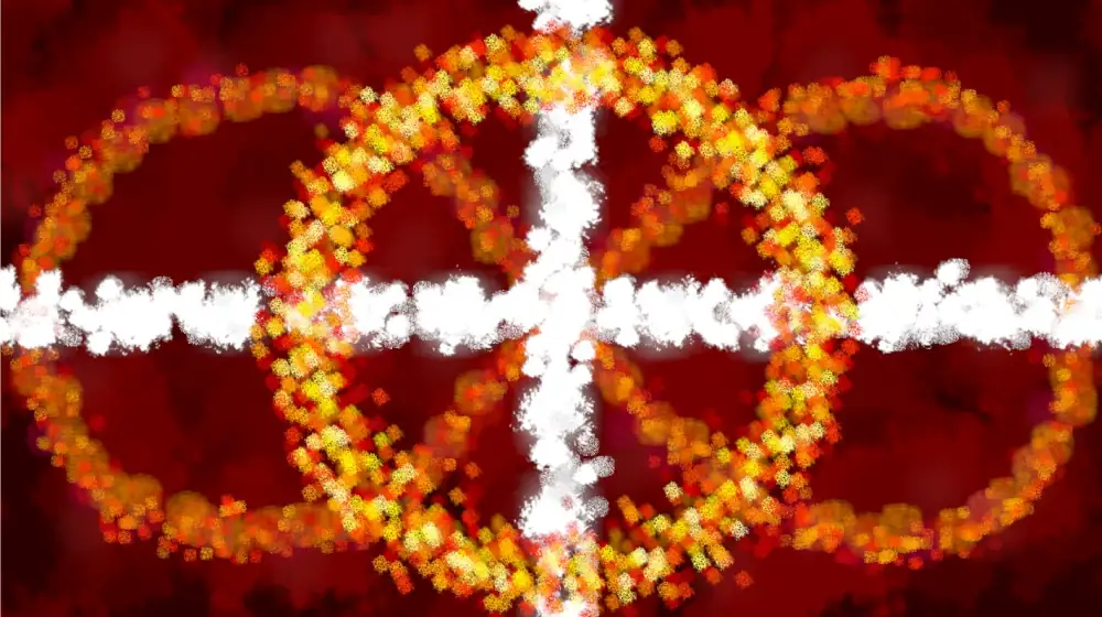 Dabbed paintwork of yellow forming a golden circle over a white cross over an orange infinity sign on a red background