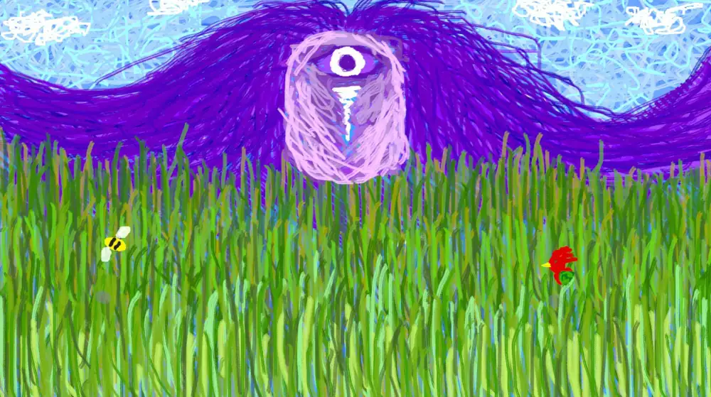 An energetic impressionist painting with upright strokes of green grass, a small bee, and a red-crested bird. A giant head sits on the horizon with wavy purple hair, it has no face, just one large eye toward the top of centre