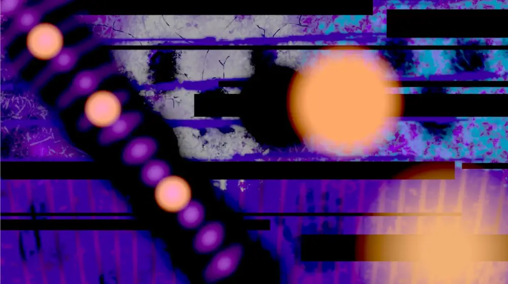 An abstract painting with forms of black, purple, grey, blue and orange. Toward bottom right is a small, faint hand print