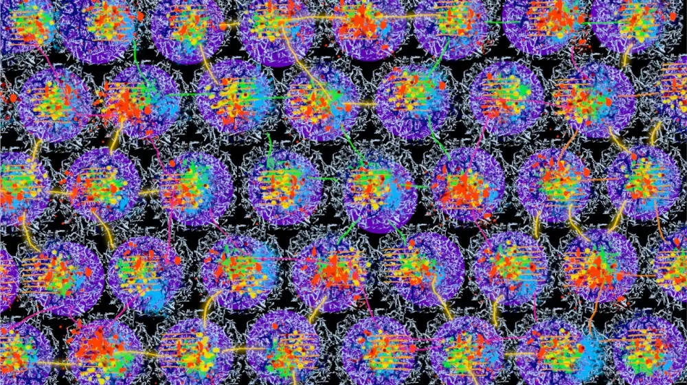 An arrangement of rows of spherical blobs made from splattered lines of purple and blue, with green yellow and red toward the center. Each is connected to another sphere by a sharp randow line like lightning
